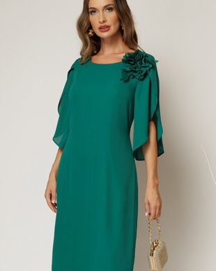 Rochie midi verde de ocazie din voal cu aplicatie florala