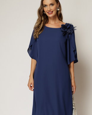 Rochie midi bleumarin de ocazie din voal cu aplicatie florala