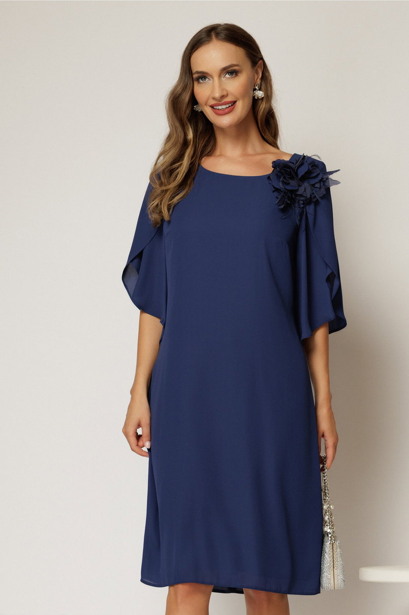 Rochie midi bleumarin de ocazie din voal cu aplicatie florala