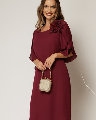 Rochie midi bordo de ocazie din voal cu aplicatie florala