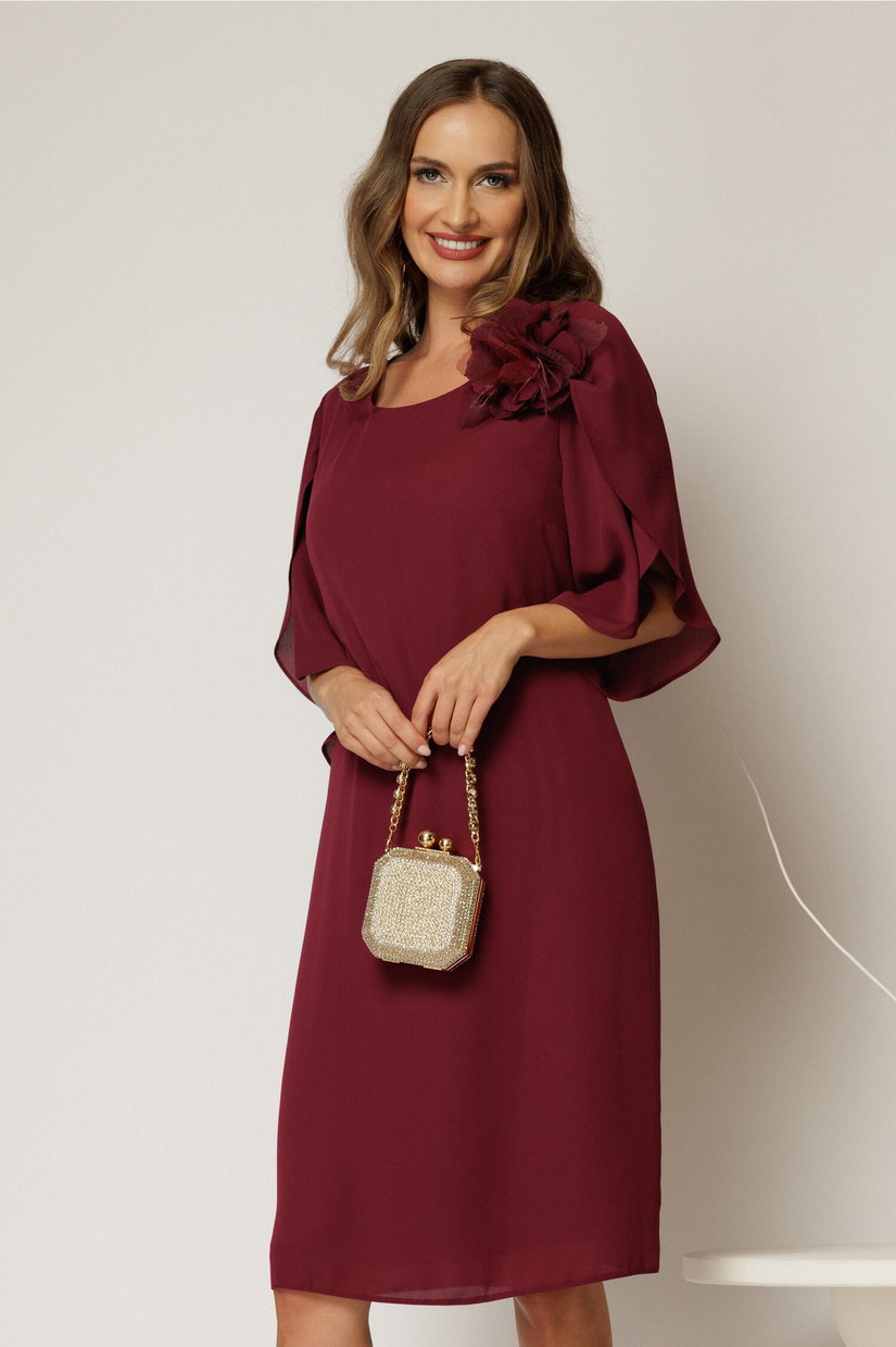 Rochie midi bordo de ocazie din voal cu aplicatie florala