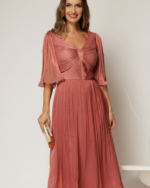 Rochie eleganta roz midi din voal peliculizat cu maneci ample