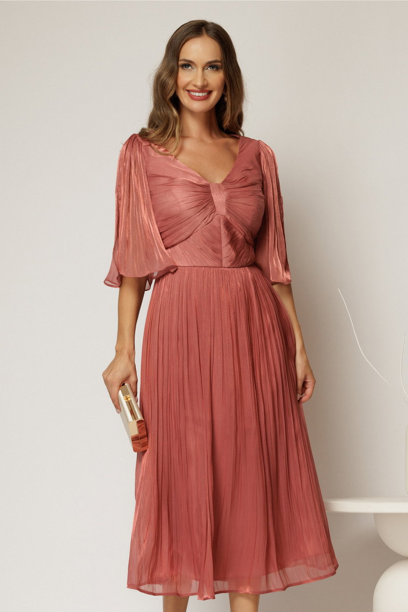 Rochie eleganta roz midi din voal peliculizat cu maneci ample