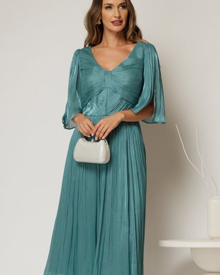Rochie eleganta turcoaz midi din voal peliculizat cu maneci ample