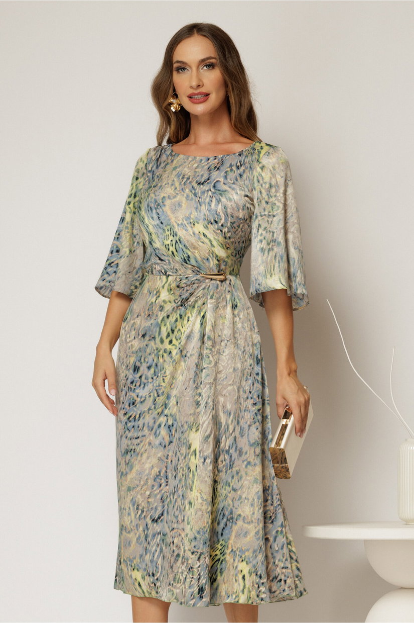 Rochie eleganta midi turcoaz cu imprimeu multicolor din voal plin cu accesoriu in talie