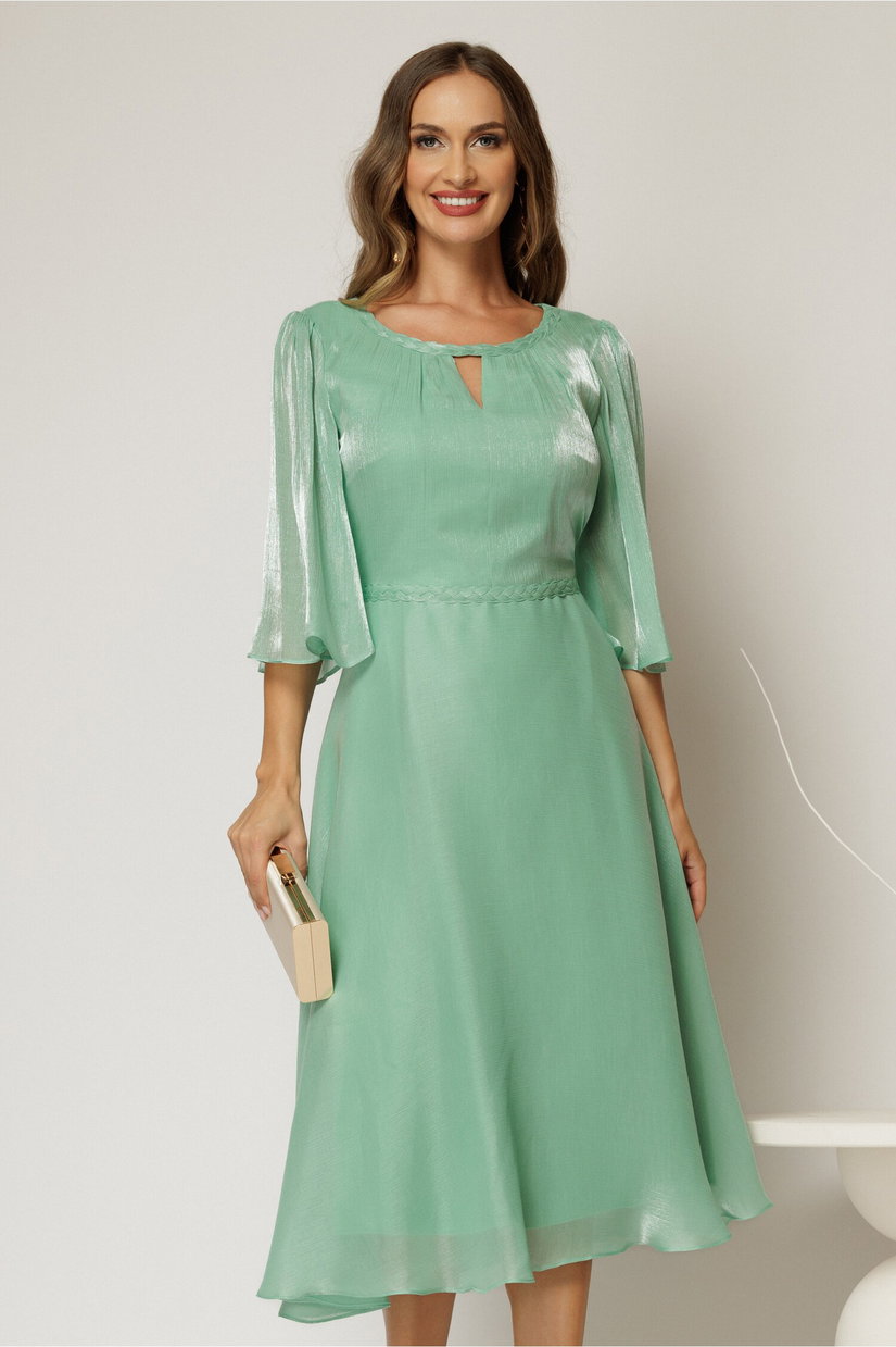 Rochie eleganta verde din voal peliculizat cu decolteu cu decupaj