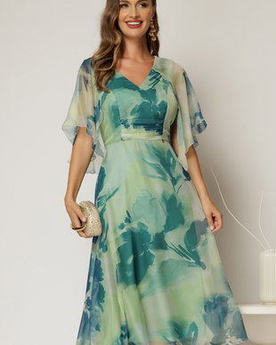 Rochie eleganta din voal verde cu imprimeu turcoaz cu decolteu in V