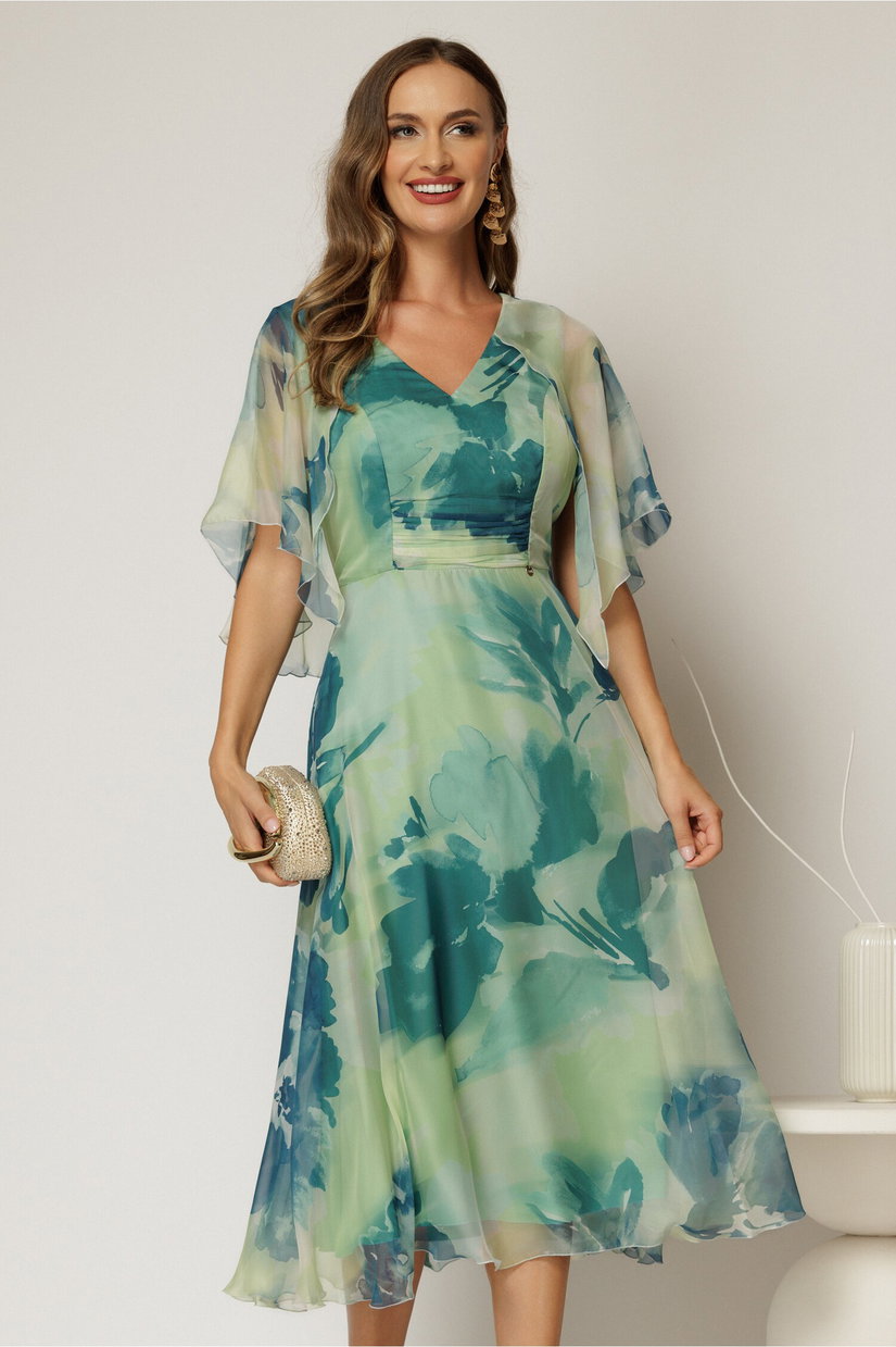 Rochie eleganta din voal verde cu imprimeu turcoaz cu decolteu in V