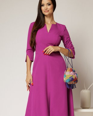Rochie midi magenta de zi cu decolteu V si croi clos