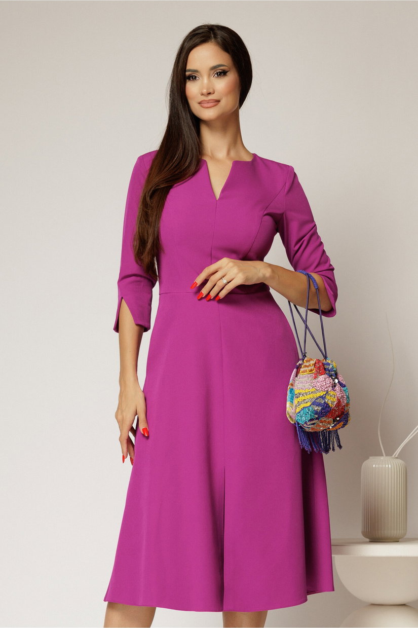 Rochie midi magenta de zi cu decolteu V si croi clos