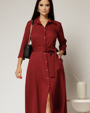 Rochie de zi midi bordo tip camasa cu cordon in talie