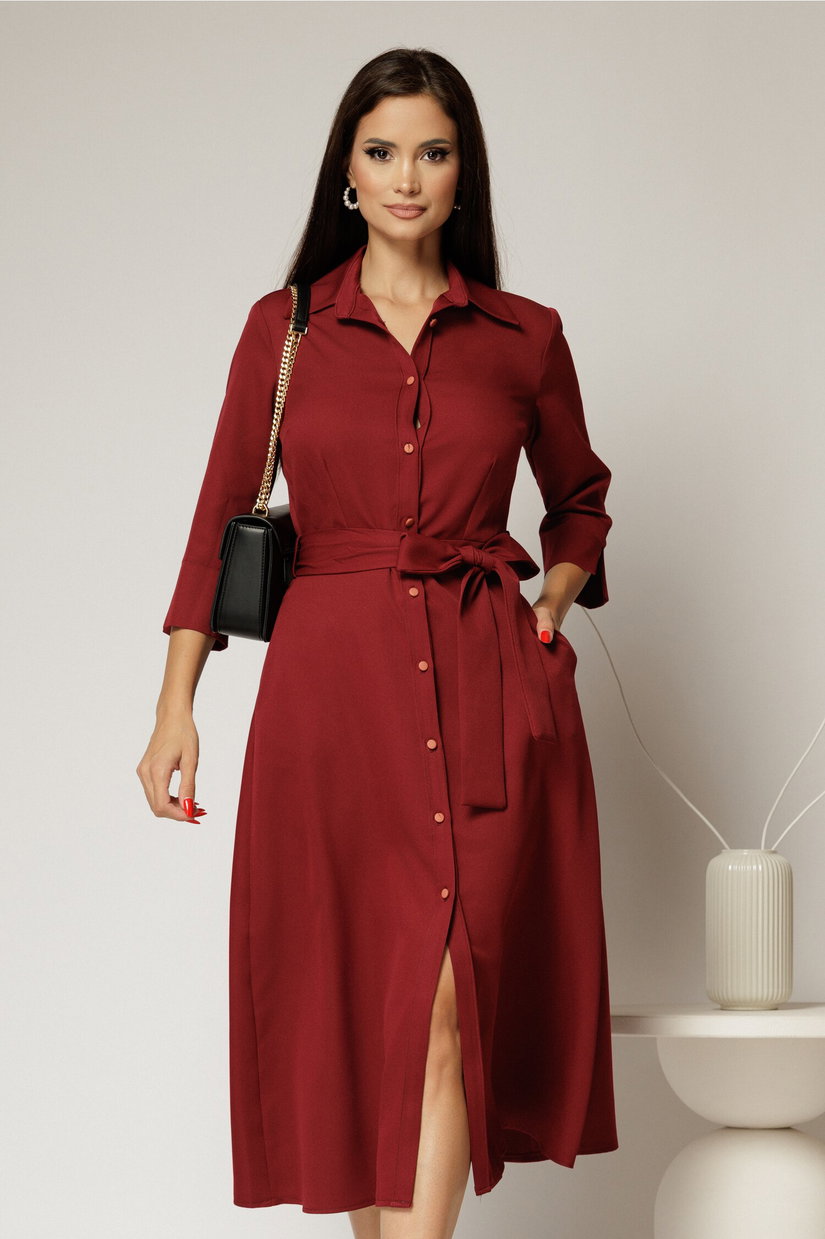 Rochie de zi midi bordo tip camasa cu cordon in talie