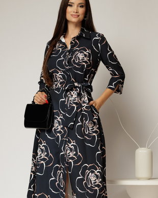 Rochie de zi midi neagra cu imprimeuri bej tip camasa cu cordon in talie