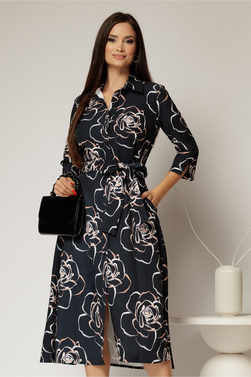 Rochie de zi midi neagra cu imprimeuri bej tip camasa cu cordon in talie