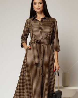 Rochie de zi midi in carouri negre si maro tip camasa cu cordon in talie
