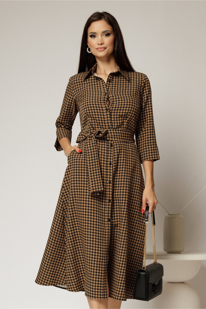 Rochie de zi midi in carouri negre si maro tip camasa cu cordon in talie