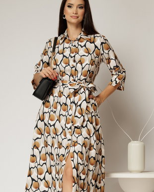 Rochie de zi midi ivoar cu imprimeuri galben mustar tip camasa cu cordon in talie