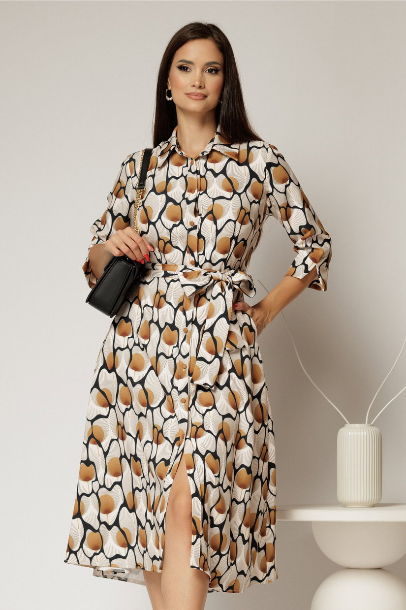 Rochie de zi midi ivoar cu imprimeuri galben mustar tip camasa cu cordon in talie