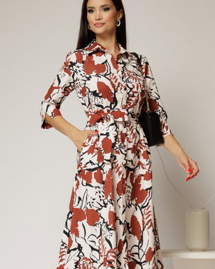 Rochie de zi midi ivoar cu imprimeuri maro tip camasa cu cordon in talie