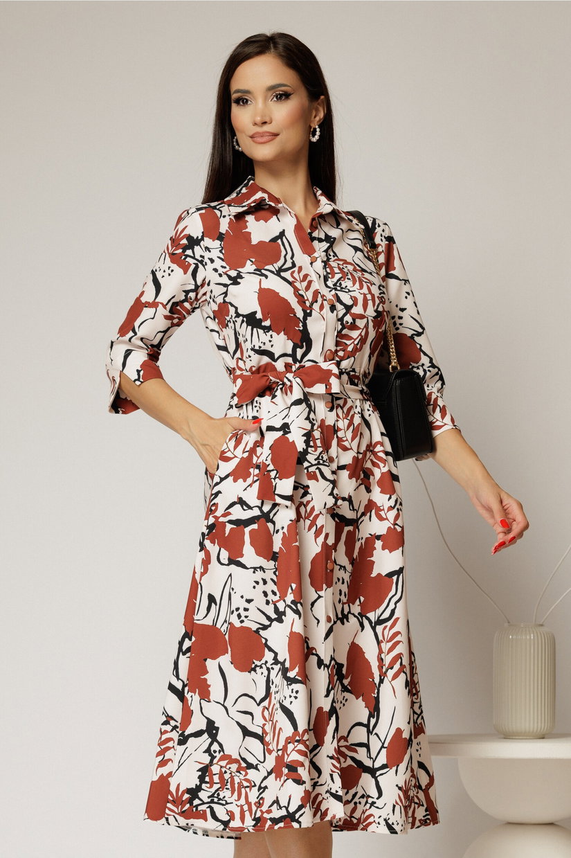 Rochie de zi midi ivoar cu imprimeuri maro tip camasa cu cordon in talie
