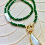 Colier jad verde smarald & perle baroc Biwa albe