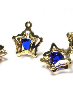 Pandantiv din metal, auriu, stea, 16x14 mm, cu strasuri safir
