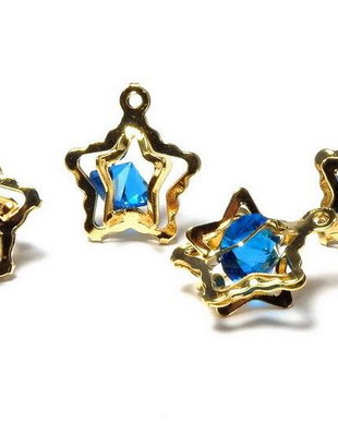 Pandantiv din metal, auriu, stea, 16x14 mm, cu strasuri aquamarin
