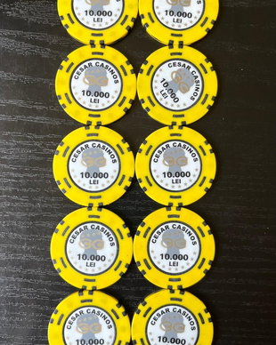 Lot 10 jetoane rare Cesar Casinos București 10.000 LEI vechi  Istorie Casino anii 90-00