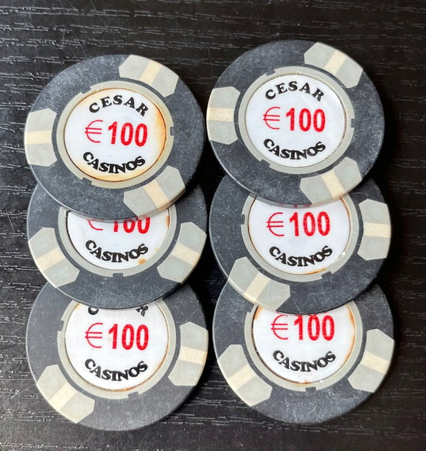 Lot 6 Jetoane Cazinou Vintage Cesar Casinos 100 Anii 90 (Colecție / Miez Metalic)