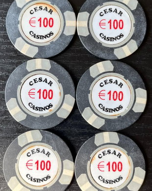 Lot 6 Jetoane Cazinou Vintage Cesar Casinos 100 Anii 90 (Colecție / Miez Metalic)