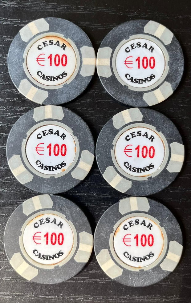 Lot 6 Jetoane Cazinou Vintage Cesar Casinos 100 Anii 90 (Colecție / Miez Metalic)