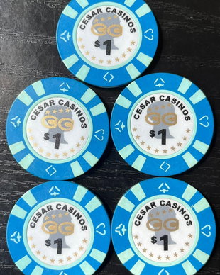 Set 5 Jetoane Cazino Vintage Cesar Casinos $1  Memorabilia București anii 90 (Piese Colecție)