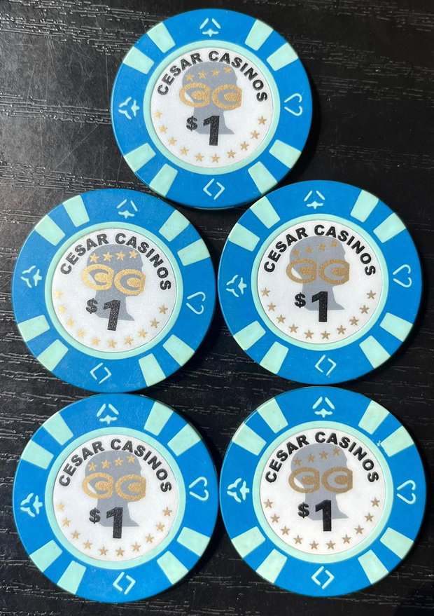 Set 5 Jetoane Cazino Vintage Cesar Casinos $1 Memorabilia București anii 90 (Piese Colecție)
