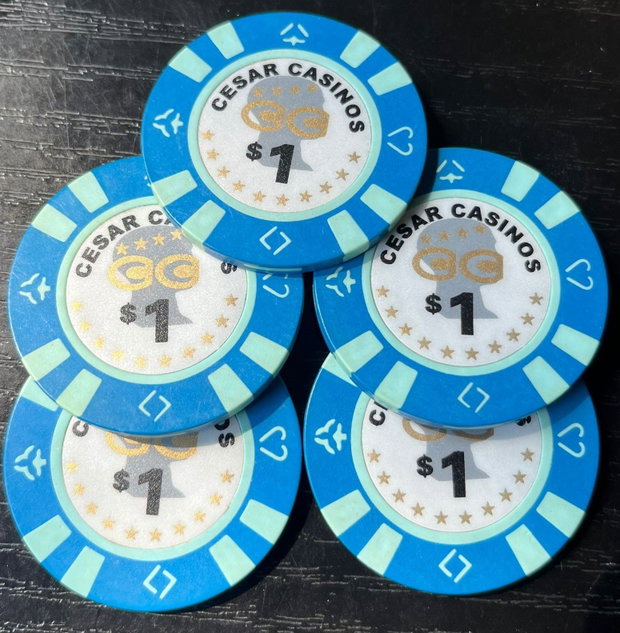 Set 5 Jetoane Cazino Vintage Cesar Casinos $1 Memorabilia București anii 90 (Piese Colecție)