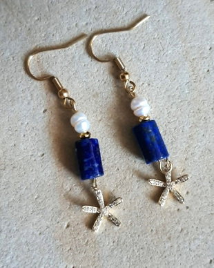 Cercei handmade Albastru de noapte  lapis lazuli & perle de cultură