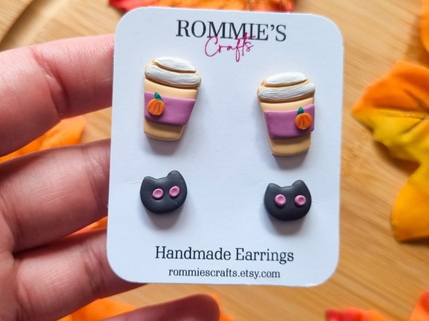 Set cercei de toamna cafea si pisicute, handmade din lut polimeric