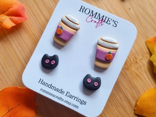 Set cercei de toamna cafea si pisicute, handmade din lut polimeric