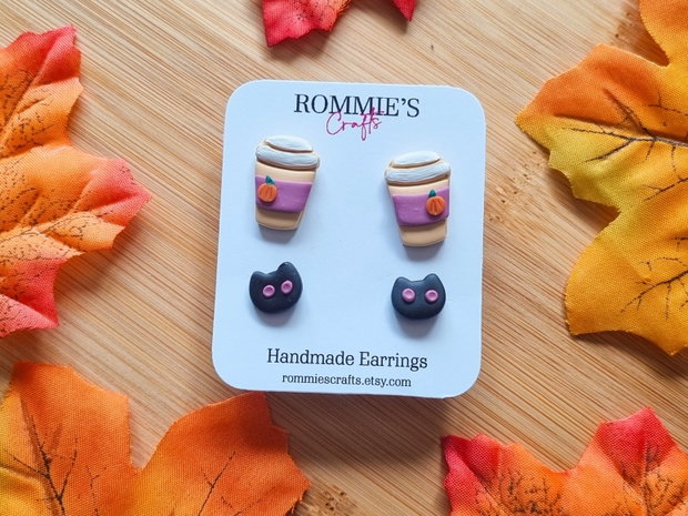 Set cercei de toamna cafea si pisicute, handmade din lut polimeric