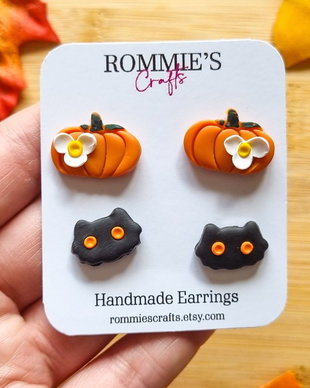 Set cercei Halloween cu dovleci si pisici negre, handmade din lut polimeric