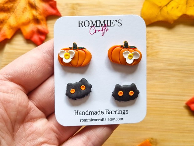 Set cercei Halloween cu dovleci si pisici negre, handmade din lut polimeric