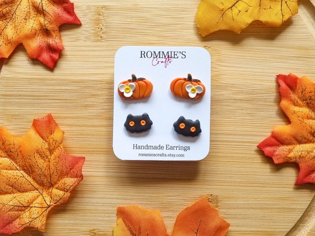 Set cercei Halloween cu dovleci si pisici negre, handmade din lut polimeric