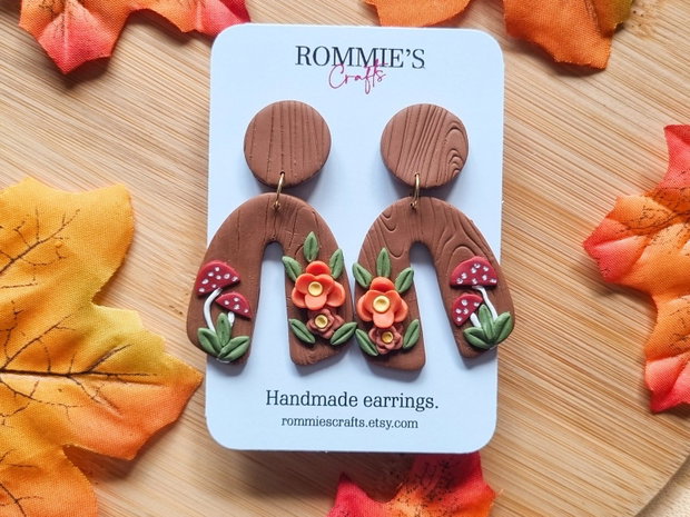 Cercei toamna cu ciupercute si flori, handmade din lut polimeric