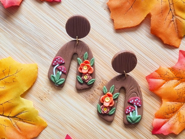 Cercei toamna cu ciupercute si flori, handmade din lut polimeric