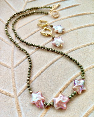 Set Colier CHOKER pirita & cercei perle stelute baroc rose lila prafuit