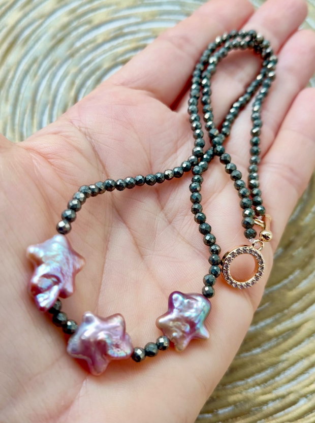 Set Colier CHOKER pirita & cercei perle stelute baroc rose lila prafuit