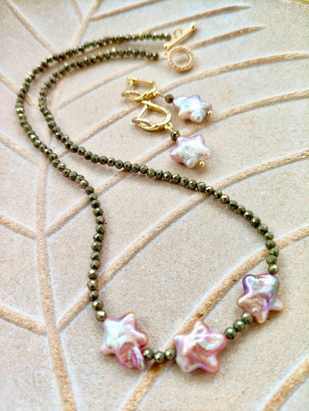 Set Colier CHOKER pirita & cercei perle stelute baroc rose lila prafuit