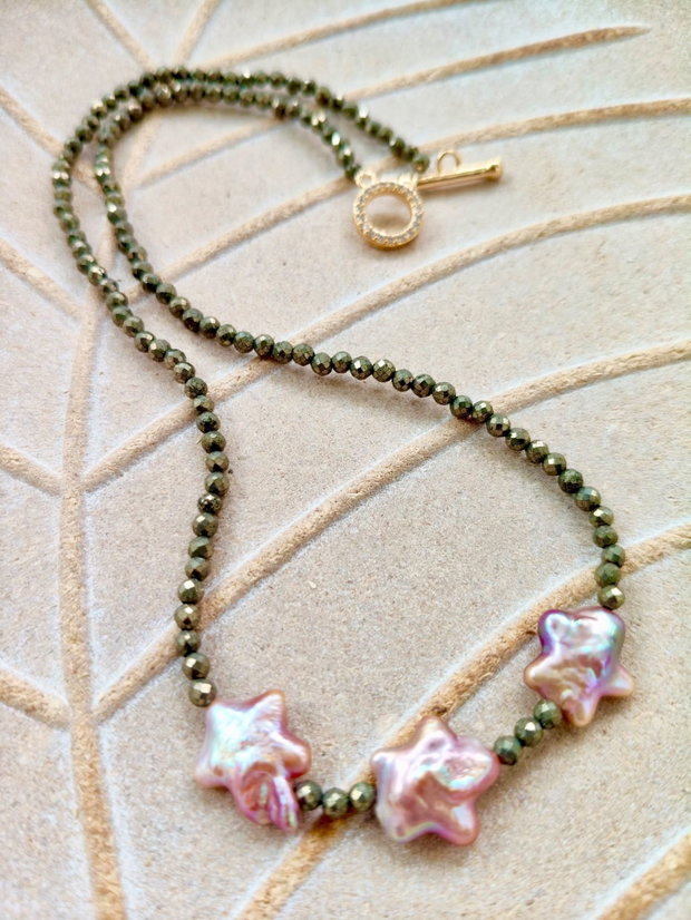 Set Colier CHOKER pirita & cercei perle stelute baroc rose lila prafuit
