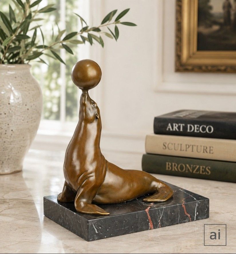 Leu de mare cu o minge-statueta din bronz cu un soclu din marmura