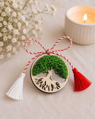 Mărțișor handmade cu licheni stabilizați și Pomul Vieții din lemn