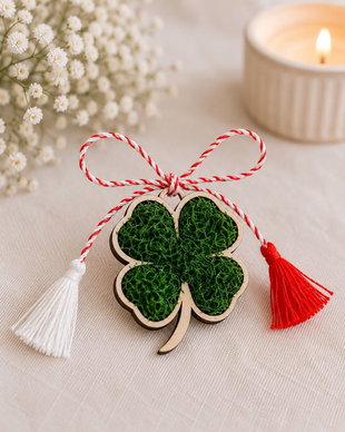 Mărțișor handmade cu licheni stabilizați în formă de trifoi